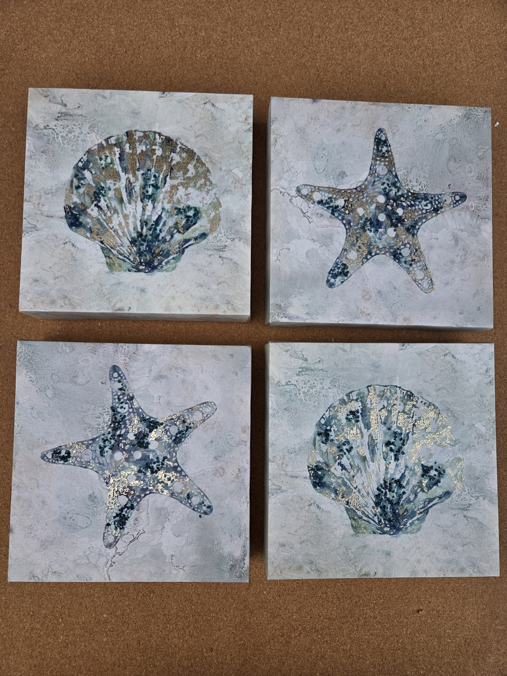 Coastal Starfish & Shell Wall Art Prints - Blue & Gold
